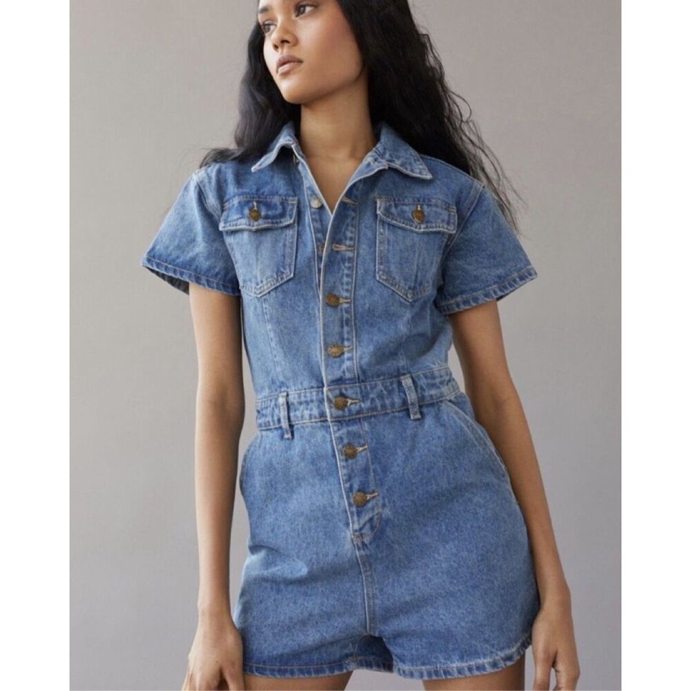 Lioness Denim Utility Romper XS Blue Button Front Short Sleeve Playsuit romper